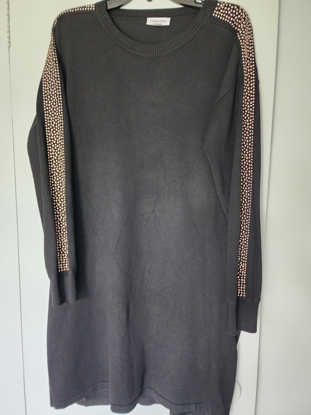 Calvin Klein Black Sweater Dress with Gold Studded Sleeve Detail